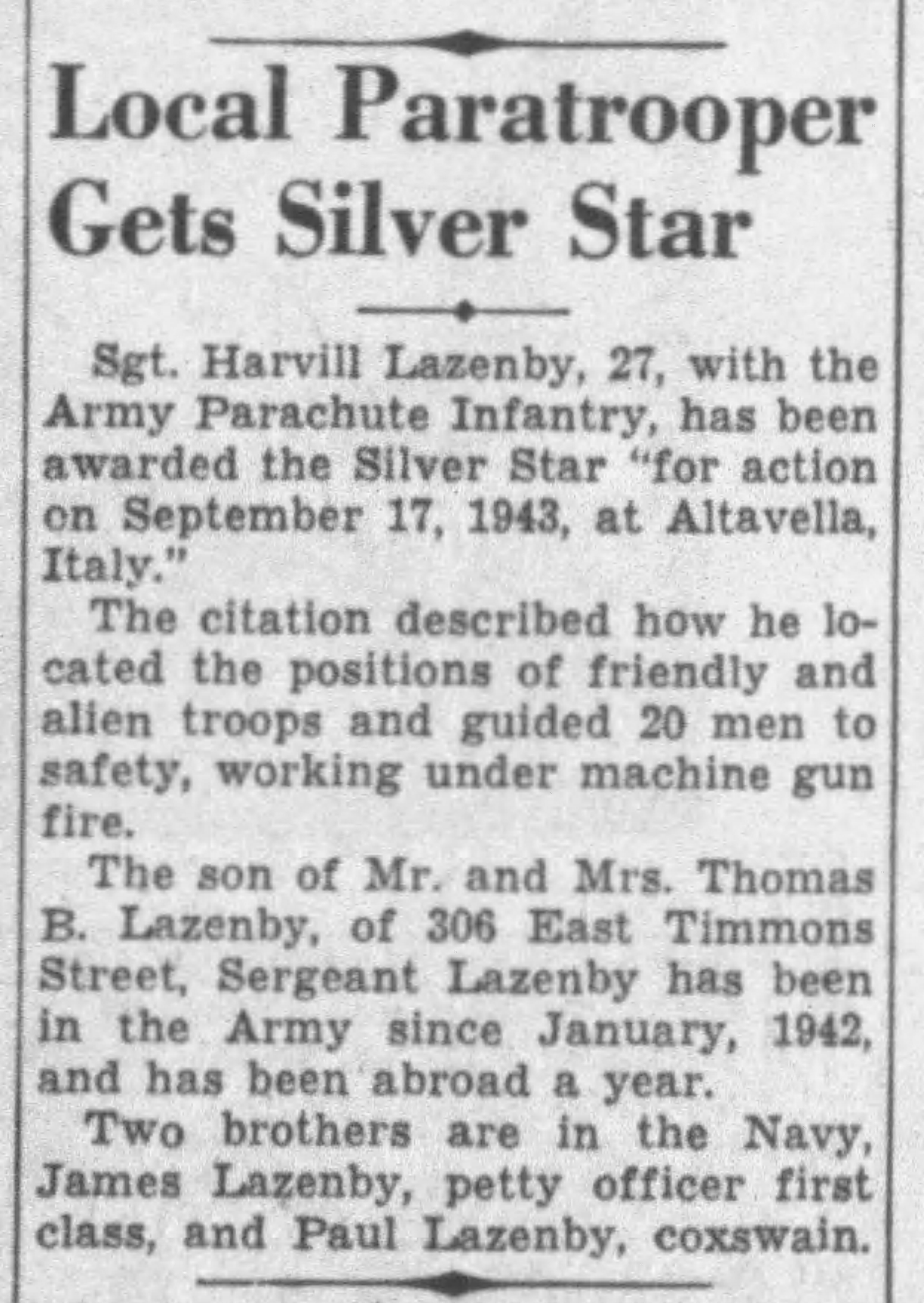 Sgt. Harvill's Silver Star medal news article.